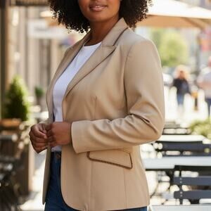 NWOT Vertigo Paris Made in France Blazer Jacket Women L Tan Brown Trim Lined